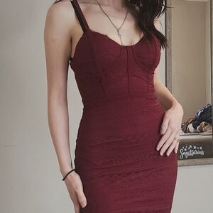Windsor Red Ribbed Bodycon Midi Dress Sweetheart Neckline
